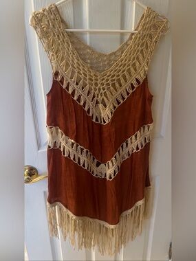 Umgee Western Rust Boho Crochet Fringe V-neck Sleeveless Tunic Dress Up Sz M